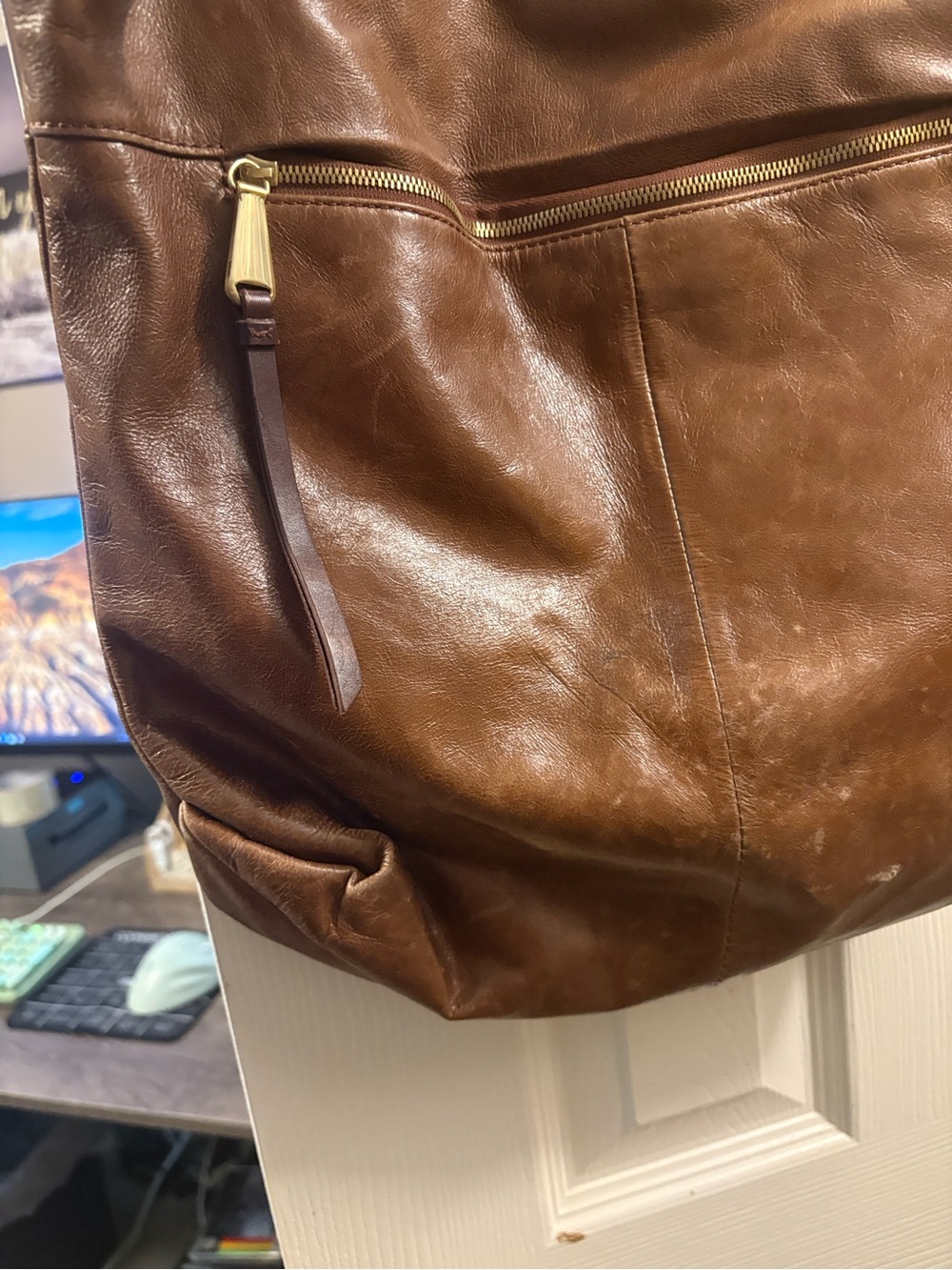 HOBO Cognac Brown Leather Tote with Perforated Straps - Picture 9 of 15